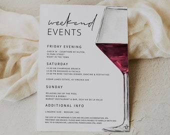WEIN | Bachelorette Wochenende Reiseplan Vorlage, bedruckbar, Weingut Wochenende, Timeline Zeitplan Moderne einladen, digitaler Download