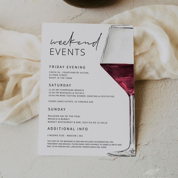 WINE | Bachelorette Weekend Itinerary Template, Printable, Winery Weekend, Timeline Schedule Modern Invite, Digital Download