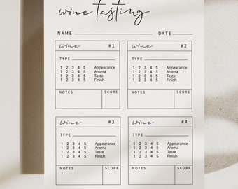 WEIN | Verkostungskarte, Weinprobe Score Card, Weinprobe Notizen, bedruckbar, moderne minimalistische Score Sheet, digitaler Download