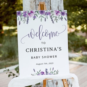 PURPLE | Baby Shower Welcome Sign Template, Lavender Floral, Digital Download