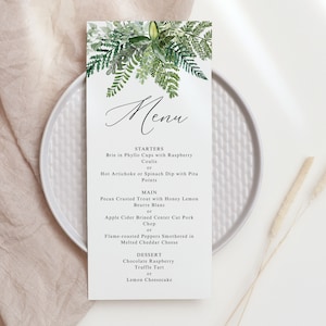 Fougères | Cartes de menu, modèle imprimable, verdure de la forêt, téléchargement numérique
