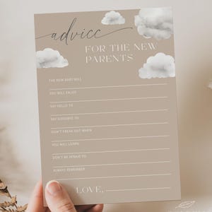 ON CLOUD NINE / Consejos para padres sobre cómo escribir tarjetas para baby shower, plantillas, género neutro, beige, baby shower de niña y niño en la nube, descarga digital