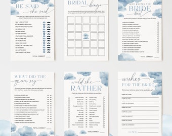 May include: A set of printable bridal shower games with a blue watercolour background and clouds. The games include "He Said She Said", "Bridal Bingo", "Who Knows the Bride Best", "What Did the Groom Say", "Would She Rather", and "Wishes for the Bride".