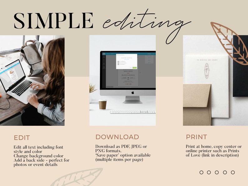 Puede incluir: Una pantalla de ordenador que muestra una maqueta de un dise&ntilde;o imprimible con el texto "SIMPLE editing". La pantalla est&aacute; dividida en tres secciones: "EDIT", "DOWNLOAD" y "PRINT". Cada secci&oacute;n describe los pasos involucrados en la personalizaci&oacute;n e impresi&oacute;n del dise&ntilde;o.