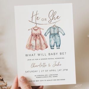BABYKLEIDUNG | Gender Reveal Einladungsvorlage, Blau & Pink, Junge oder Mädchen, digitaler Download