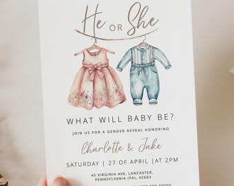 BABY CLOTHES | Gender Reveal Invitation Template, Blue & Pink, Boy or Girl, Digital Download