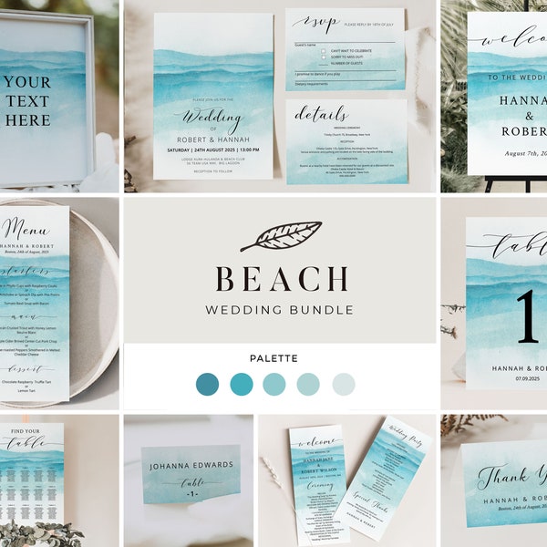 BEACH | Wedding Template Suite Printable, Complete Ocean Invitation and Décor Set, Large Stationery Bundle, Instant Download