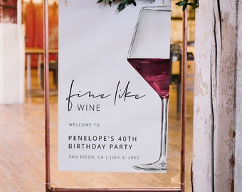 VIN | Välkomstskylt för födelsedag, utskrivbar mall, Fine Like Wine, Sip Sip, födelsedagsvälkomstskylt, modern minimalistisk skyltning, digital nedladdning