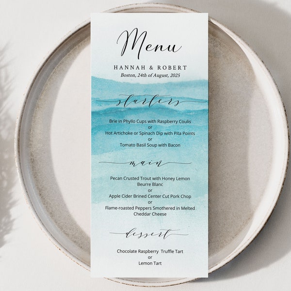 BEACH | Wedding Menu, Printable Template, Blue Water, Digital Download