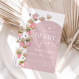 BERRY FIRST | Birthday Invitation Template With Photo, Berry Sweet, Pink Strawberry, Printable, Modern Invite, Digital Download