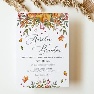 FALL LEAVES Wedding Invitation Template, Printable, Rustic Autumn, Instant Download image 1