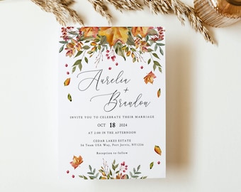 FALL LEAVES | Wedding Invitation Template, Printable, Rustic Autumn, Instant Download