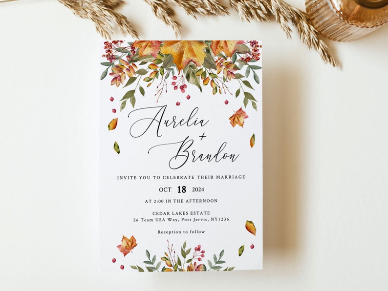 FALL LEAVES Wedding Invitation Template, Printable, Rustic Autumn, Instant Download image 1