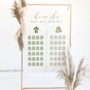 BABY CLOTHES | Gender Guess Board, He or She Sign, Boho Green Beige Gender Reveal Decorations, Printable, Digital Download