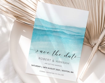 BEACH | Wedding Save the Date Template Printable, Blue Water, Digital Download