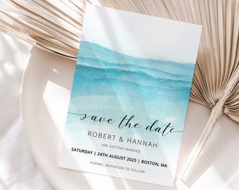 BEACH | Wedding Save the Date Template Printable, Blue Water, Digital Download