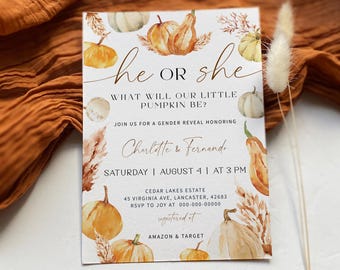 May include: A gender reveal invitation with watercolor pumpkins and fall foliage. The text reads "He or She, What will our little pumpkin be?" and includes event details and registry information.