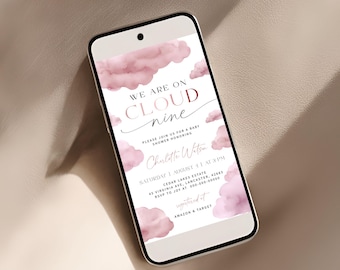 May include: A pink and white baby shower invitation with a watercolor cloud design. The text reads "We are on cloud nine" and includes the name "Charlotte Watson" and details for the shower. The invitation also includes the text "Registered at Amazon & Target".