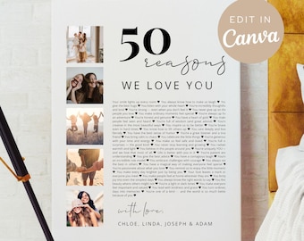 50 GRÜNDE We Love You - Geschenk zum 50.Geburtstag | Modernes minimalistisches Poster mit Fotos | Bearbeitbare Canva Vorlage | Digitaler Download