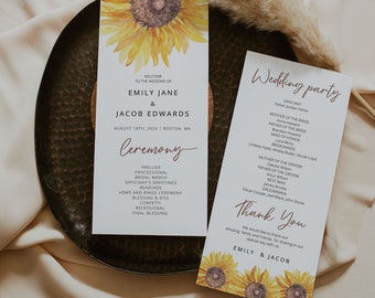 SUNFLOWER | Wedding Program, Printable Template, Wedding Décor, Instant Download