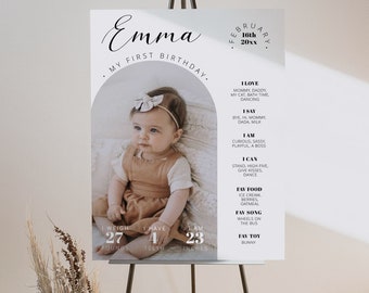 May include: A white and gold first birthday sign for a baby girl named Emma. The sign features a photo of the baby, her age, weight, and number of teeth. It also includes a list of her favorite things, such as her favorite foods, songs, and toys.