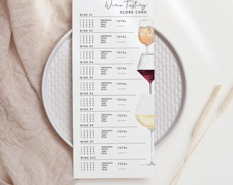 VINO / Tarjeta de degustación, Tarjeta de puntuación de cata de vinos, Notas de cata de vinos, Imprimible, Hoja de puntuación minimalista moderna, Descarga digital