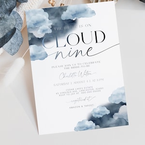 ON CLOUD NINE | Bridal Shower Invitation Template, Printable, Dusty Blue, Bride On Cloud 9 Invite, Digital Download