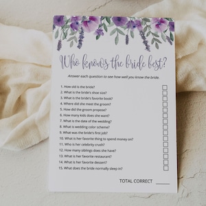 PURPLE | Who Knows the Bride Best, Editable Game, Printable, Lavender Bridal Shower, Digital Download
