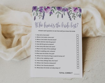 PURPLE | Who Knows the Bride Best, Editable Game, Printable, Lavender Bridal Shower, Digital Download