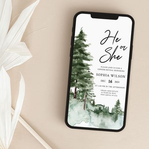 PIN | Modèle d'évite de révélation du sexe, invitation électronique hiver, forêt verte, téléchargement immédiat
