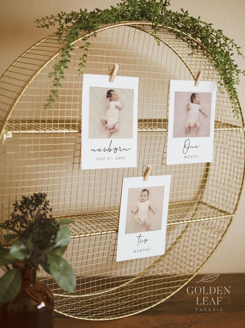 May include: A gold metal wire stand with three shelves. There are three white cards with photos of a baby on each card. The top card says 'newborn' and 'July 21, 20XX'. The middle card says 'one month'. The bottom card says 'two months'.
