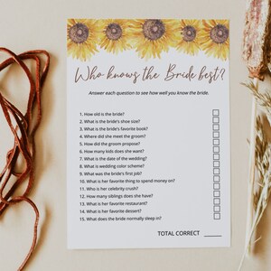 SUNFLOWER | Who Knows the Bride Best, Editable Game, Bridal Shower Printable, Digital Download