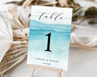 BEACH | Wedding Table Numbers Template, Printable, Blue Water, Digital Download