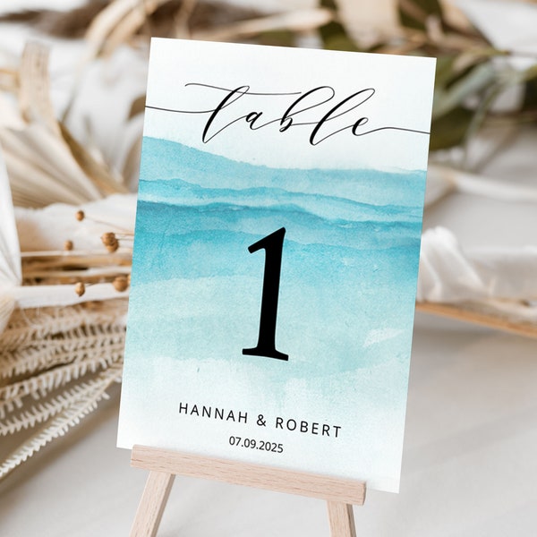 BEACH | Wedding Table Numbers Template, Printable, Blue Water, Digital Download