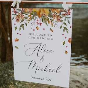 FALL LEAVES | Wedding Welcome Sign, Printable Template, Rustic Autumn, Portrait, Templett Instant Download