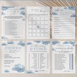 Peut inclure: Un ensemble de jeux de baby shower imprimables avec un design de nuage aquarelle bleu et blanc. Les jeux comprennent "Family Feud", "Baby Bingo", "Conseils pour les nouveaux parents", "Chasse aux sucettes", "Would Mommy Rather" et "Devinez qui est maman ou papa".