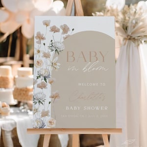 BABY IN BLOOM | Baby Shower Welcome Sign Template, Beige Floral, Pink Baby Girl, Wildflower, Digital Download