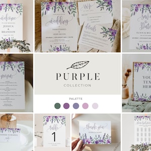 PURPLE | Wedding Template Suite Printable, Complete Lavender Invitation and Décor Set, Ultimate Stationery Bundle, Digital Download