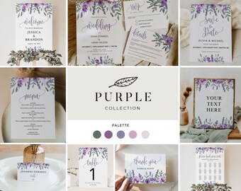 PAARS | Bruiloft sjabloonsuite afdrukbaar, complete lavendeluitnodiging en decorset, ultieme briefpapierbundel, digitale download