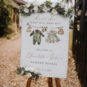 BABY CLOTHES | Gender Reveal Welcome Sign Template, Printable, Portrait, Boho Signage, Digital Download