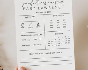 May include: A printable baby shower game card with the title "predictions + advice" and the name "Baby Lawrence" at the top. The card has sections for guests to predict the baby's birth month, birth day, and whether the baby will look more like the mum or dad. There are also sections for guests to write down advice and wishes for the new parents.