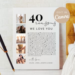 May include: A white canvas print with the text "40 reasons WE LOVE YOU" and several small photos. The print includes a list of reasons and the names Chloe, Linda, Joseph & Adam.