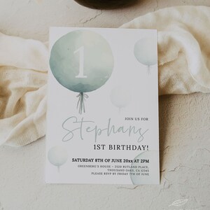 PRIMER CUMPLEAÑOS / Plantilla de invitación de 1er cumpleaños con globos, para niño, azul, imprimible, invitación boho moderna, descarga digital