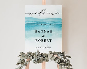 BEACH | Wedding Welcome Sign Template Printable, Portrait, Blue Watercolor, Digital Download