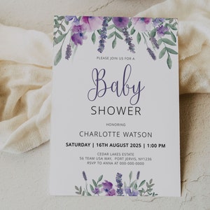 PURPLE | Baby Shower Invitation, Printable Template, Digital Download