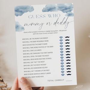OP WOLK NEGEN | Guess Who mama of papa, gamekaarten babyshower, sjablonen, stoffig blauw, afdrukbaar, wolk babyshower, digitale download