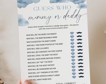 ON CLOUD NINE | Guess Who Mommy or Daddy, Baby Shower Game Cards, Templates, Dusty Blue, Printable, Cloud Baby Boy Shower, Digital Download