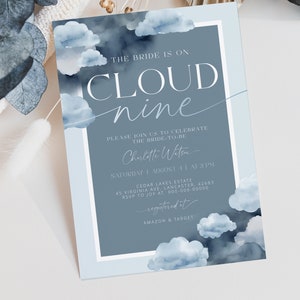 ON CLOUD NINE | Bridal Shower Invitation Template, Printable, Dusty Blue, Bride On Cloud 9 Invite, Digital Download