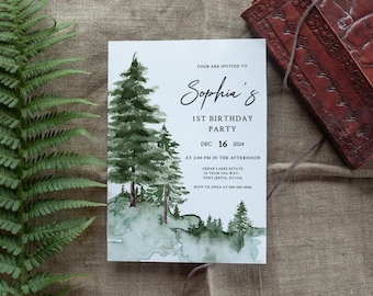 PINE TREE | Birthday Invitation Template, Green Forest, Instant Download