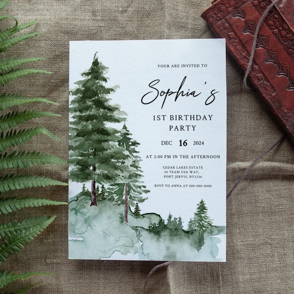 PINE TREE | Birthday Invitation Template, Green Forest, Instant Download